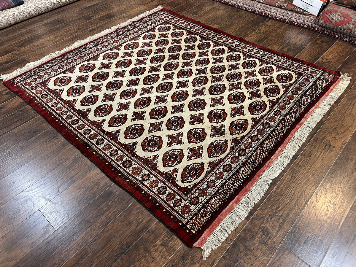 Persian Turkoman Rug 7x8, Almost Square Rare, Hand Knotted, Yamud, Bohemian Rug, Handmade Tribal Rug, Cream Red, Handmade Oriental Carpet - Jewel Rugs, view 13