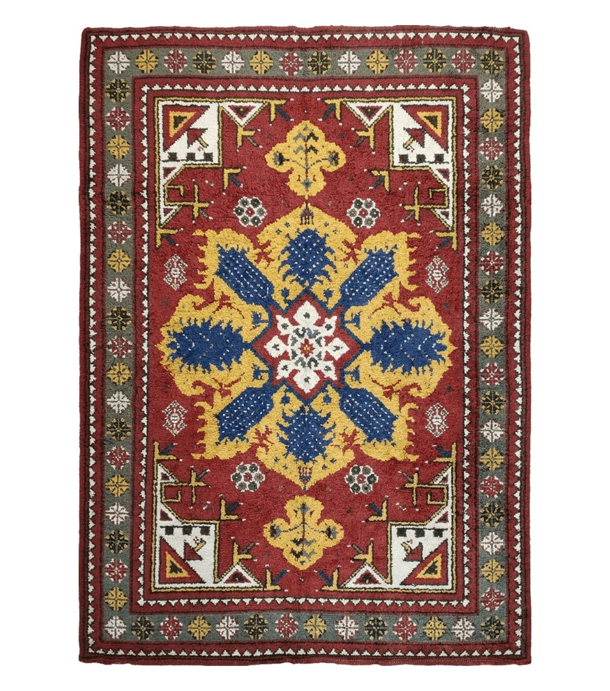Colorful Moroccan Heriz Rug 6x9, Large Central Medallion, Red Yellow Blue - Jewel Rugs