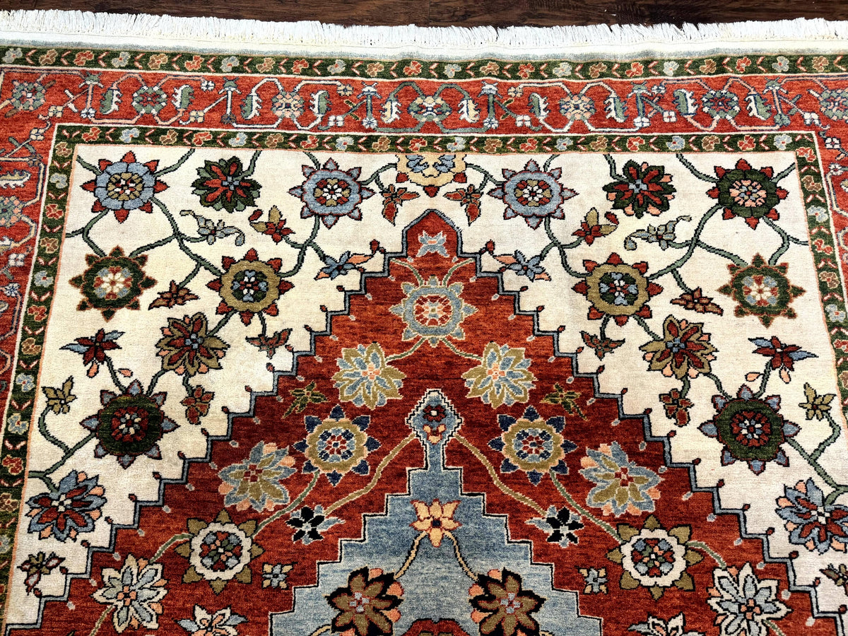 Indo Persian Heriz Rug 7x9, Geometric Pattern, Cream & Light Red, Handmade Vintage Wool Carpet - Jewel Rugs, view 4