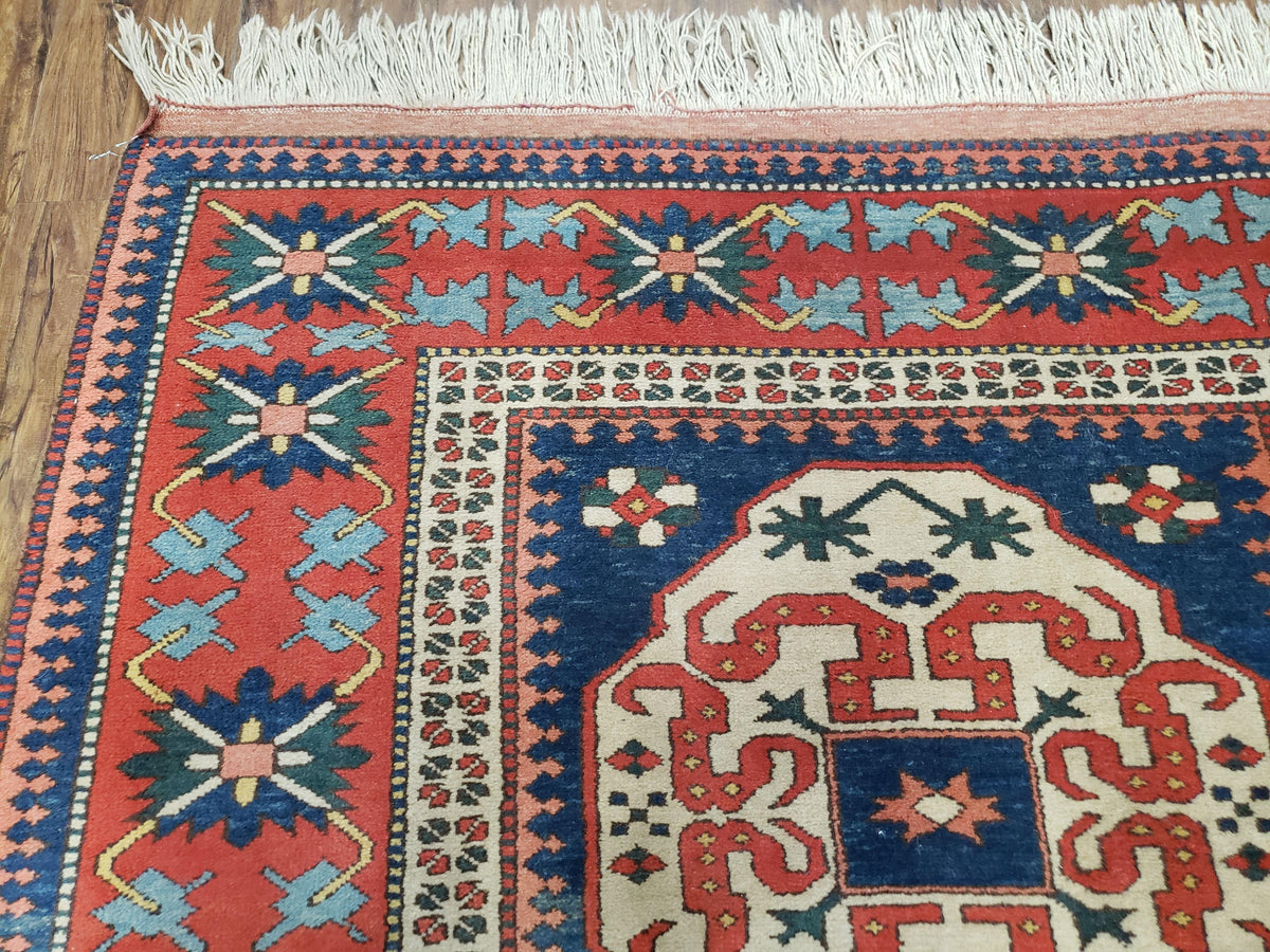 Turkish Kazak Rug 5x6 Vintage Handmade Wool Carpet Geometric Blue Red - Jewel Rugs, view 7
