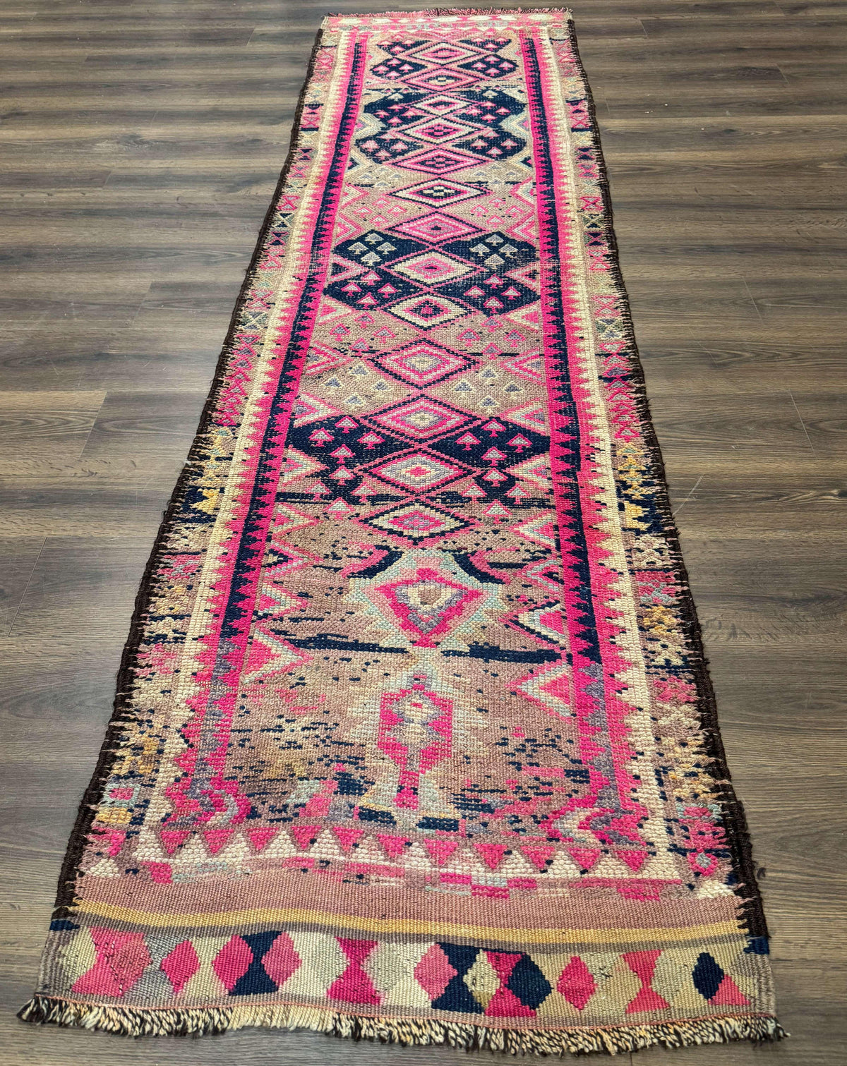 Turkish Runner Rug 3x10, Pink and Navy Blue, Bohemian Runner for Hallway or Kitchen, Vintage, Geometric, Tribal - Jewel Rugs, view 2