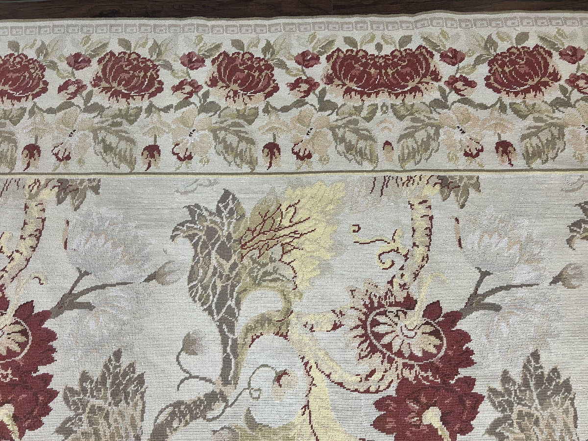 Extra Large Needlepoint Rug 14 x 20, Vintage Handwoven Handmade Wool Flatweave Carpet, Allover Floral Pattern, Elegant European Deisgn Rug - Jewel Rugs, view 7