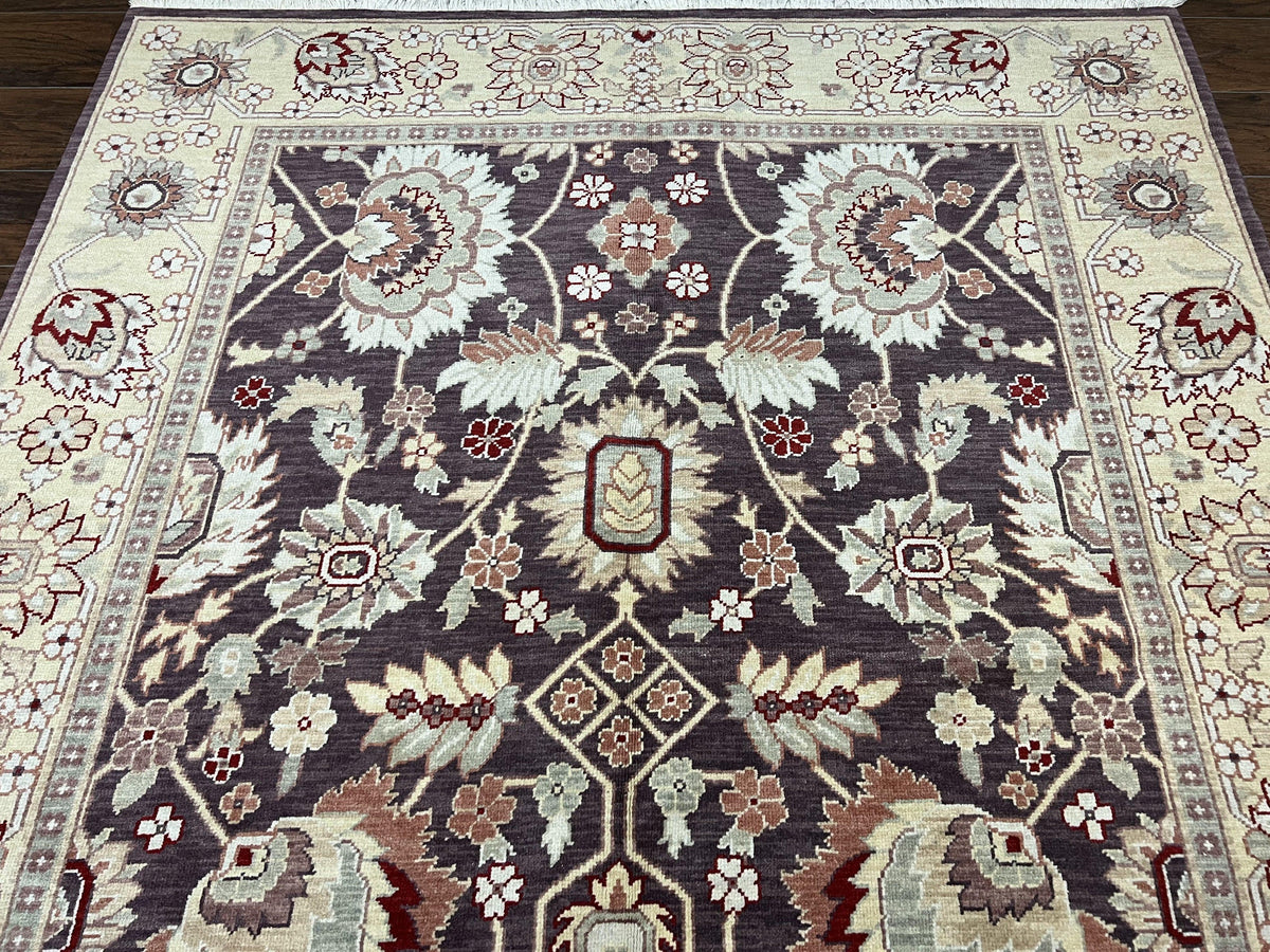 Vintage Indo Mahal Area Rug 6x9, Indian Persian Oriental Carpet 6 x 9, Puce Eggplant Tan Beige Rug, Hand-Knotted, Large Floral Design Wool - Jewel Rugs, view 4