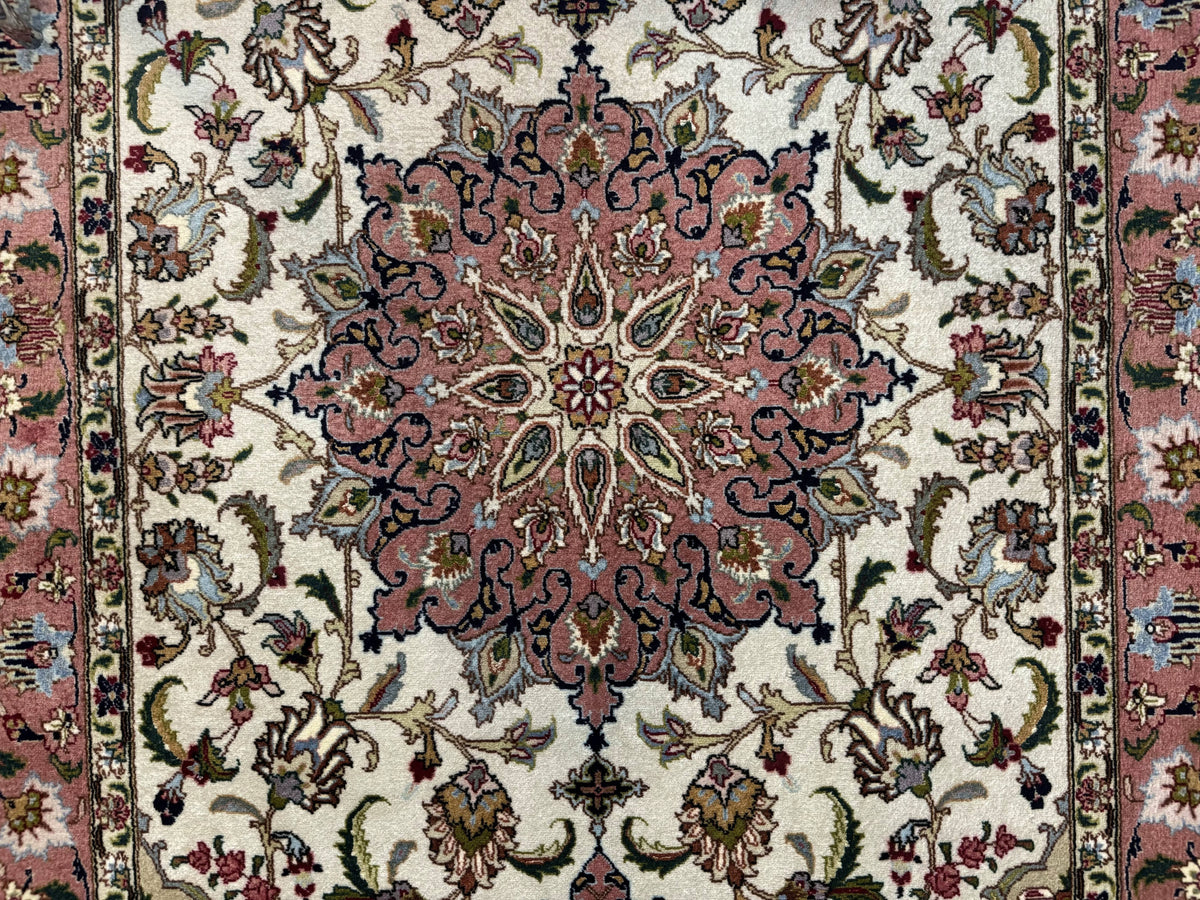 Fine Persian Tabriz Rug 3x5, Floral Medallion, 340 KPSI, Ivory Salmon - Jewel Rugs, view 5