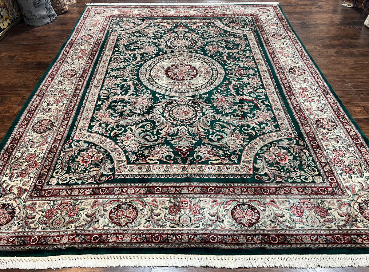 Pak Persian Rug 9x12, Dark Green and Cream, Floral Medallion, Elegant Handmade Wool Carpet 9 x 12 - Jewel Rugs, view 12