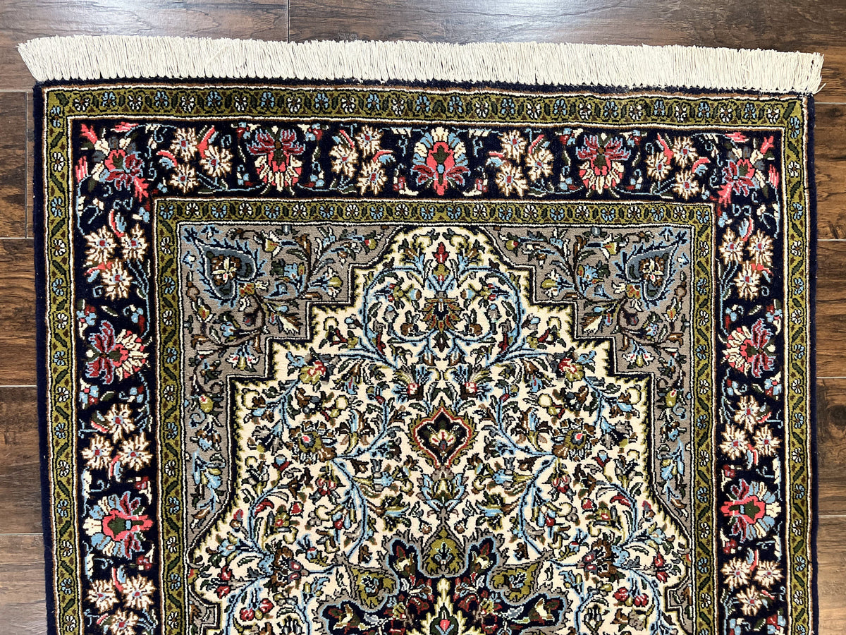 Persian Qum Rug 3x5, Wool with Silk Highlights, Handmade Semi Antique Carpet, Ivory & Navy Blue, Floral Medallion, Finely Hand Knotted - Jewel Rugs, view 3