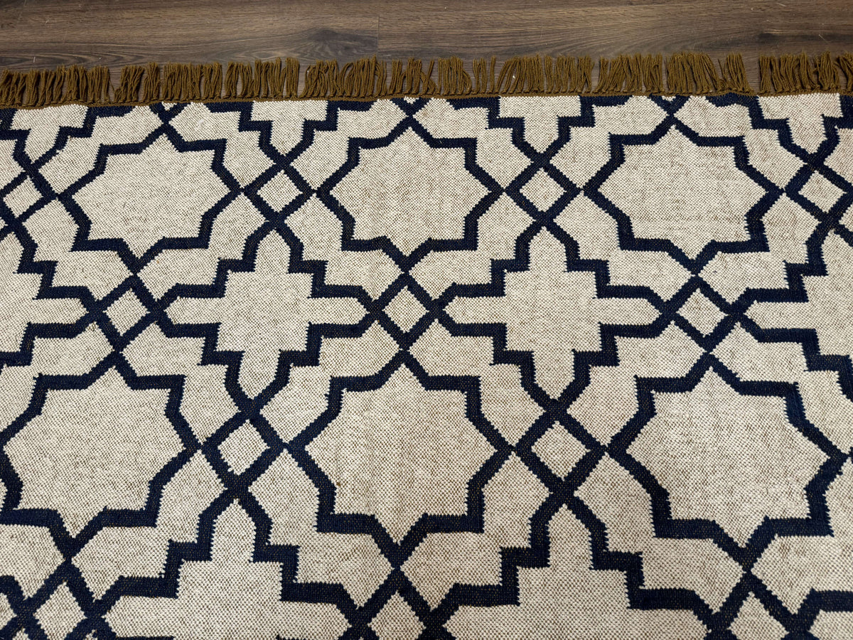 Indian Kilim Rug 8x10, Oat and Navy Blue, Dhurrie Carpet, Handmade, Wool - Jewel Rugs, view 4