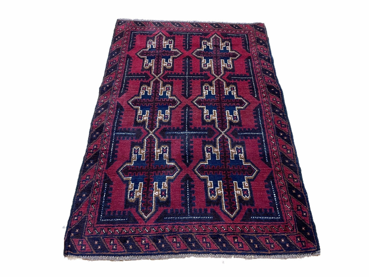 3X5 Vintage Handmade Tribal Wool Rug Balouchi Rug Afghan Rug Red Beige Blue Nice - Jewel Rugs, view 2