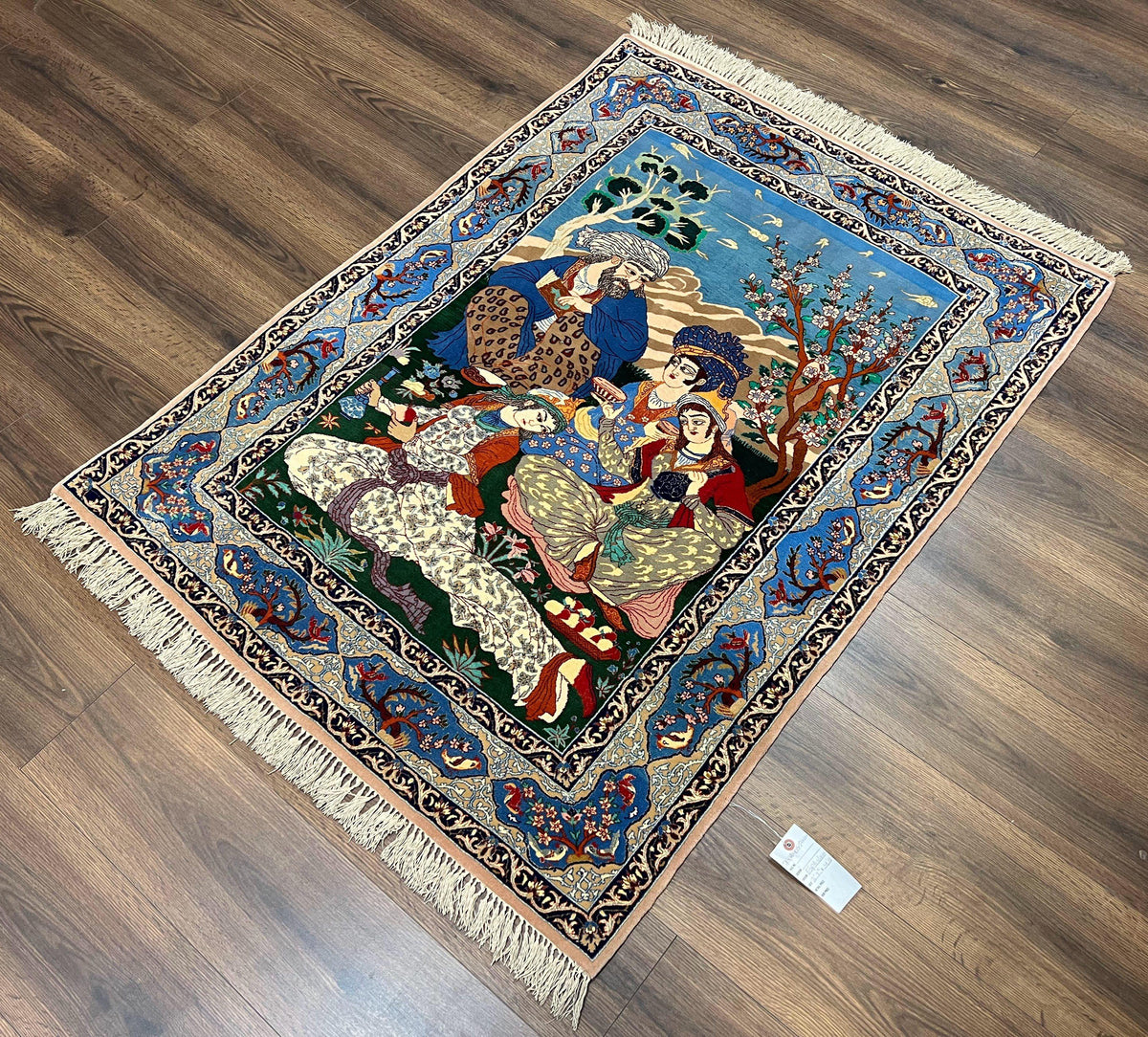 Fine Persian Isfahan Pictorial Rug 3.7 x 5, Kork Wool on Silk Foundation, Blue Persian Carpet, Hand Knotted, Humans Birds, High KPSI, Semi Antique - Jewel Rugs, view 3
