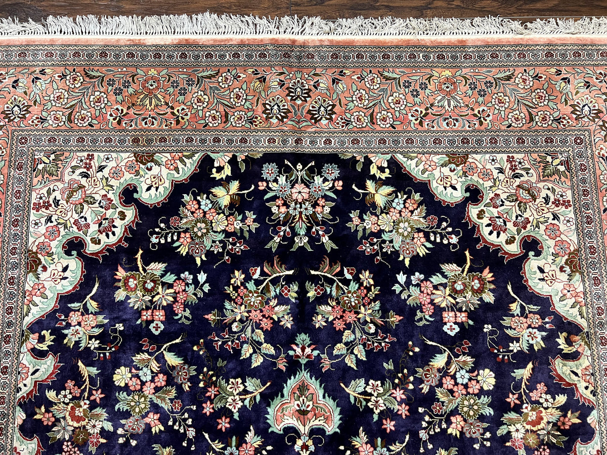 Stunning Silk Persian Qum Rug 7x9, Finely Hand Knotted Navy Blue & Salmon Floral Medallion Authentic Oriental Carpet, Vintage Handmade Silk Ghom Rug, Silk on Silk - Jewel Rugs, view 3