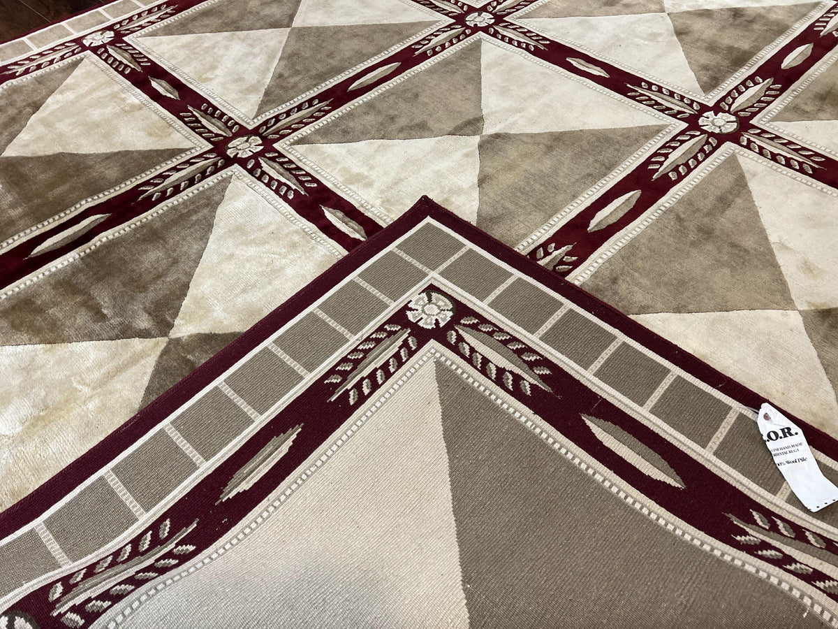 Indo Tibetan Rug 10x14, Nepali Carpet, Large Soft Wool Area Rug, Olive Tan Maroon, Contemporary Rug 10 x 14 ft Living Room Rug, Handmade Rug - Jewel Rugs, view 11