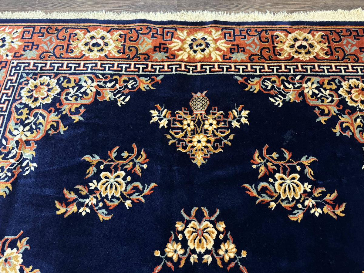 Chinese Wool Rug 8x11, Navy Blue and Terracotta, Floral, Couristan Belgium Power Loomed Carpet - Jewel Rugs, view 4