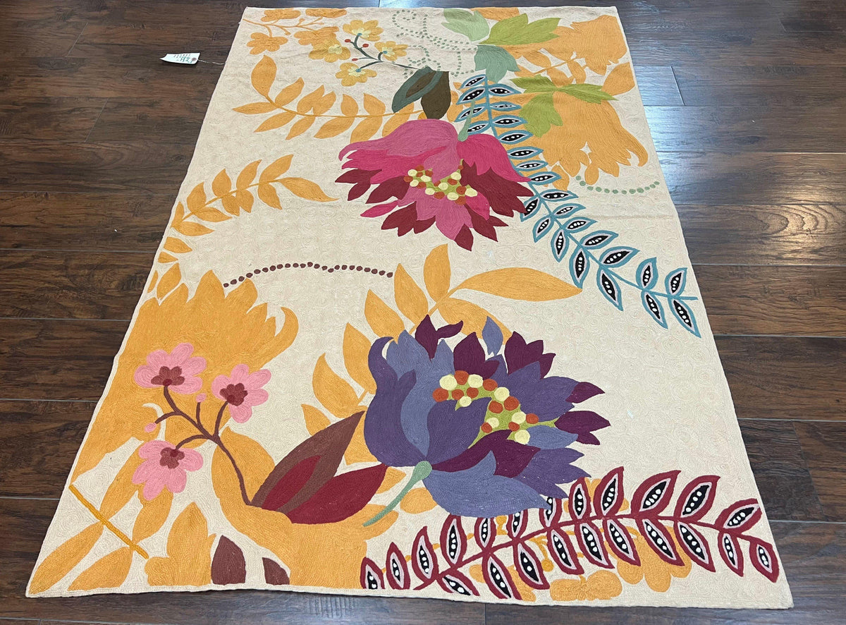 Indian Chain Stitched Rug 4x6, Hand Stitched Indian Embroidery Carpet, Large Floral Design, Contemporary, Cream and Colorful Flowers, Wool - Jewel Rugs, view 13