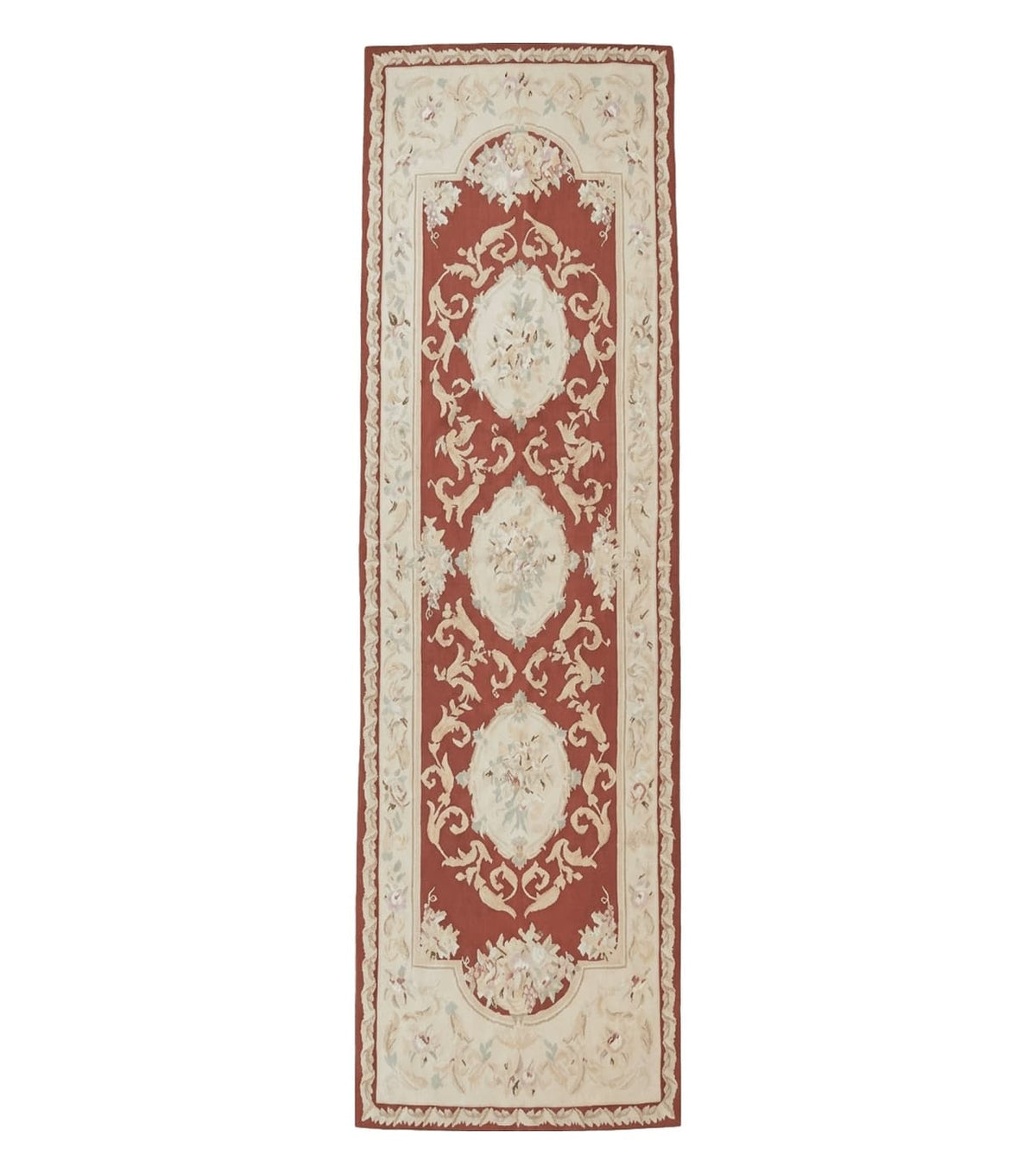 Aubusson Runner Rug 3x10, European Design, Red and Beige, Elegant, Handmade Wool Rug - Jewel Rugs