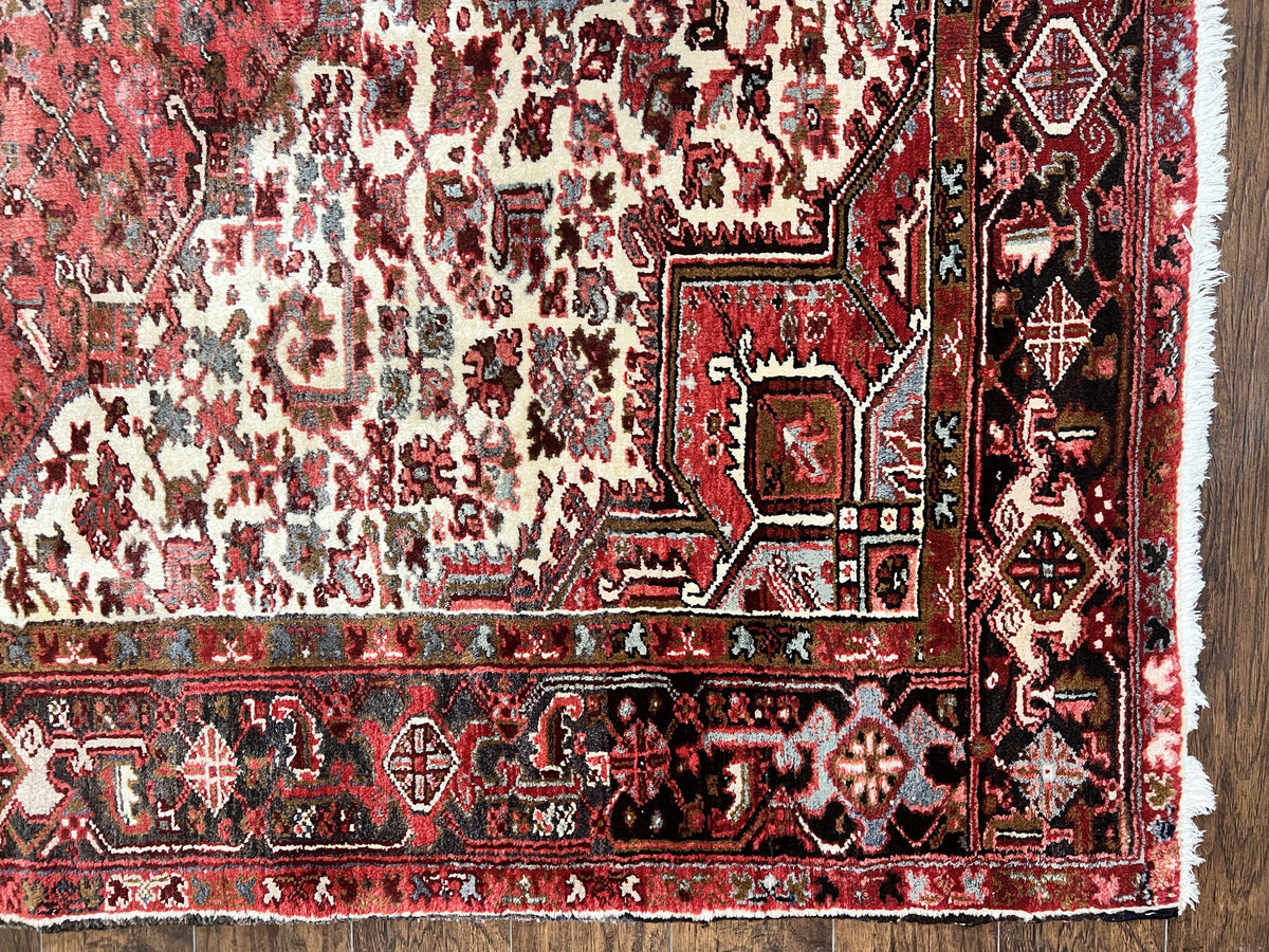 Large Persian Heriz Rug 10x13, Red and Cream Geometric Tribal Room Sized Handmade Wool Hand Knotted Semi Antique Decorative Oriental Carpet - Jewel Rugs, view 10