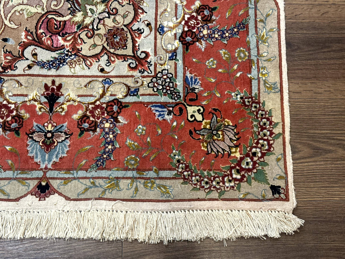 Wonderful Persian Tabriz Rug 5x7, Very Fine 440 KPSI, Ivory and Coral, Rare - Jewel Rugs, view 10