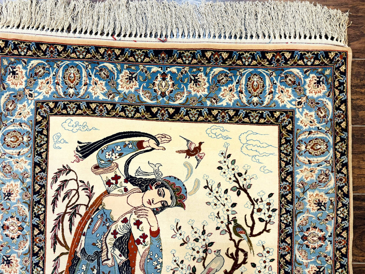 Persian Isfahan Pictorial Rug, Two Lovers, Kork Wool on Silk Foundation, Ivory and Light Blue, 500 KPSI Super Fine - Jewel Rugs, view 8