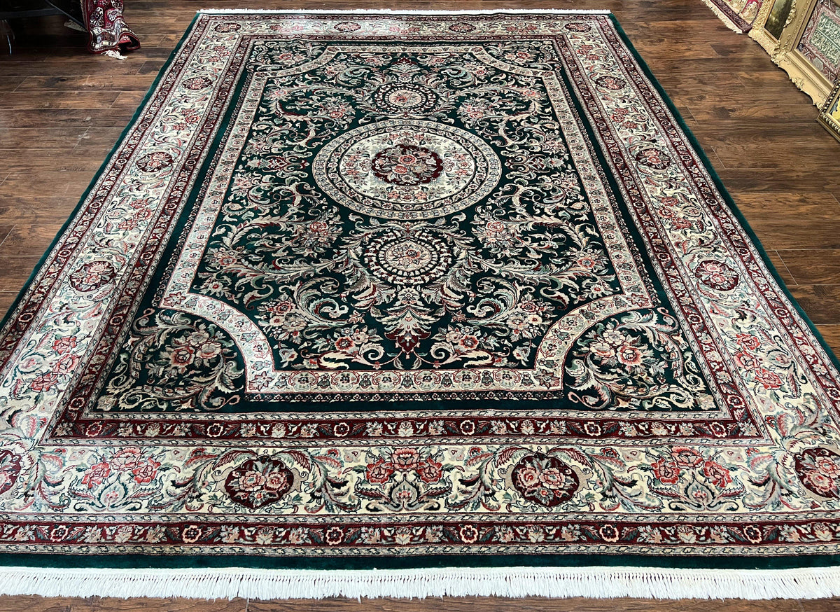 Pak Persian Rug 9x12, Dark Green and Cream, Floral Medallion, Elegant Handmade Wool Carpet 9 x 12 - Jewel Rugs