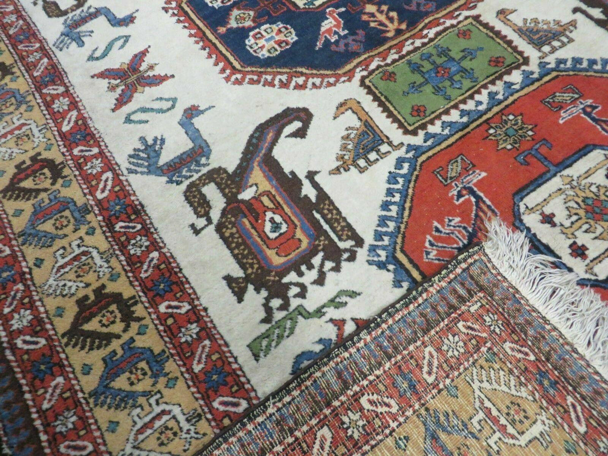 7' X 10' Vintage Handmade Knotted Turkish Wool Rug Birds Animal Ivory Organic - Jewel Rugs, view 12