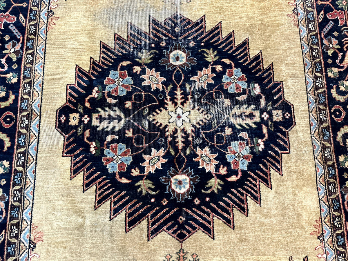 Indo Persian Heriz Rug 8x12, Camel Hair Tan and Navy Blue, Decorative - Jewel Rugs, view 5