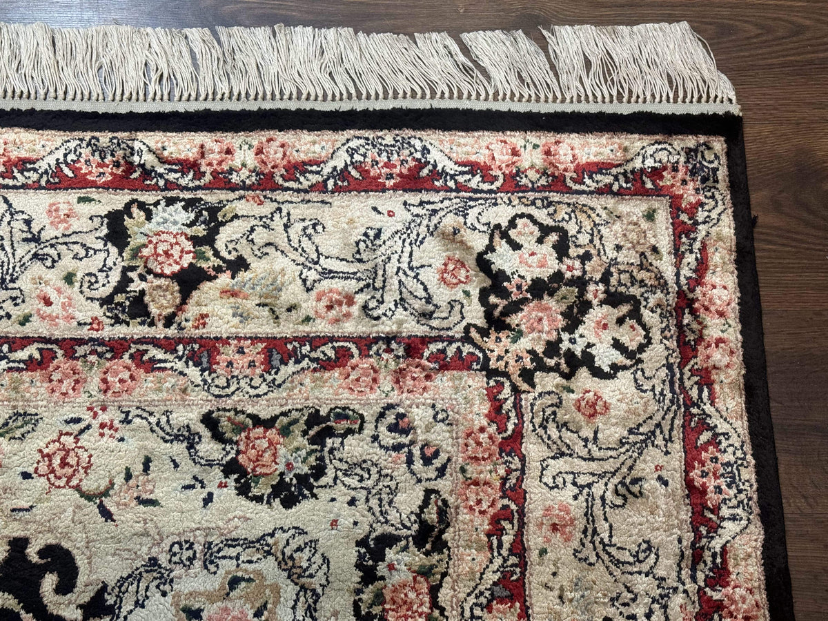 Indian Kashmiri Silk Rug, Floral Medallion, Vintage Hand Knotted Carpet - Jewel Rugs, view 7