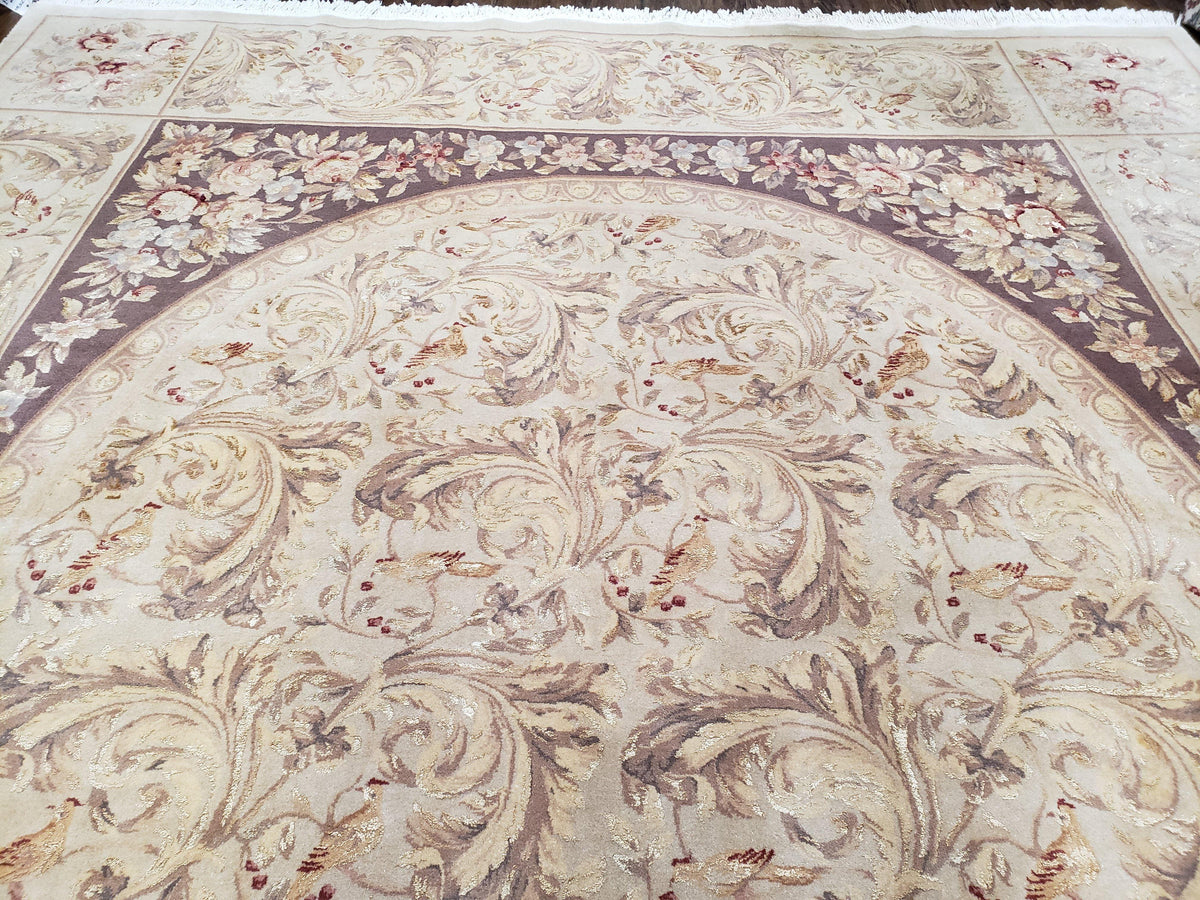Chinese Aubusson Savonnerie Area Rug 8x12, Vintage 120 Line Carpet, Wool and Silk Hand-Knotted, Birds Flowers Master Weaver Signature - Jewel Rugs, view 13
