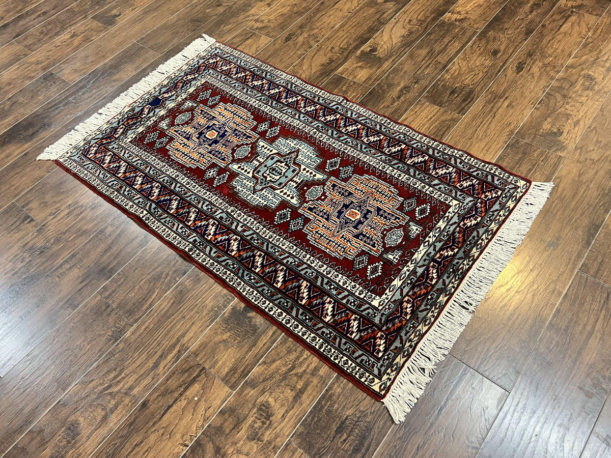 Pakistani Rug 3x5 ft, Caucasian Kazak Design, Geometric Rug, Small Vintage Oriental Carpet, Dark Red Vintage Handmade Wool Rug 3 x 5 - Jewel Rugs, view 13