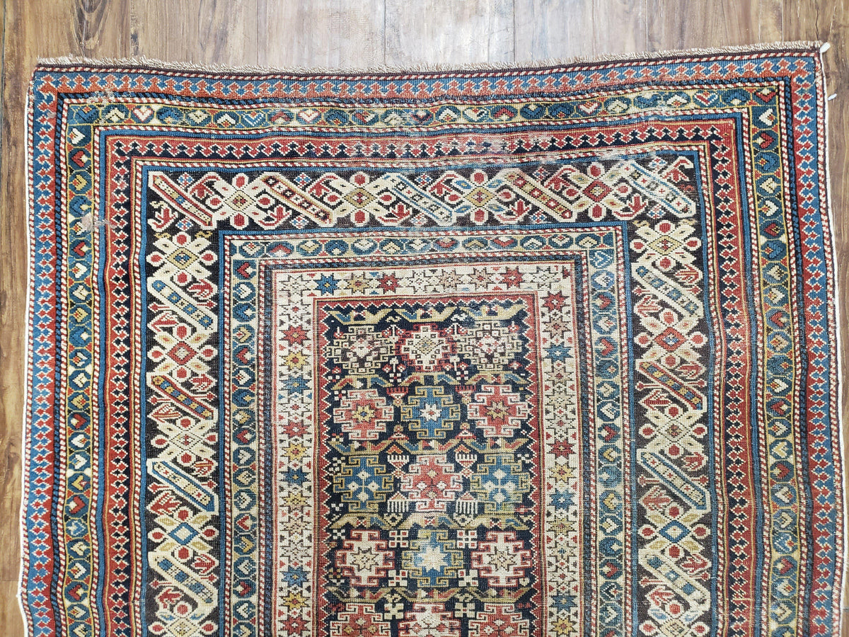 Caucasian Rug 3'9" x 5'7", Antique 1920s Collectible Caucasian Chi Chi Carpet, Hand Knotted, Colorful, Dark Blue Cream Red, Wool, Small Rug - Jewel Rugs, view 4