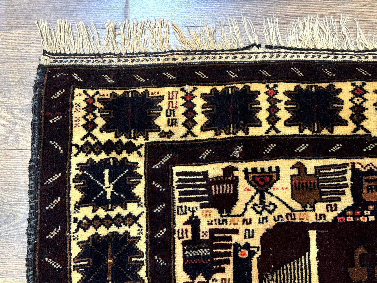 Persian Baluch Tribal Rug 4x6, Human and Bird Pictorials, Vintage, Wool, Collectible - Jewel Rugs, view 7