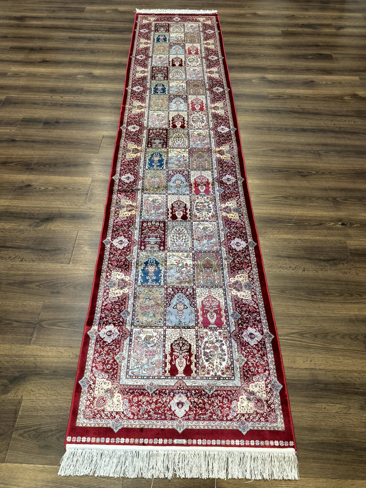 Turkish Silk Runner Rug 2.6 x 11.6, Panel Design, Dark Red Ivory, Bamboo Silk, New - Jewel Rugs, view 2