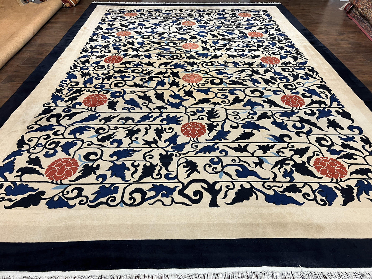 Antique Chinese Peking Rug 10x14, Beige Black, Handmade Wool Art Deco Carpet - Jewel Rugs, view 2