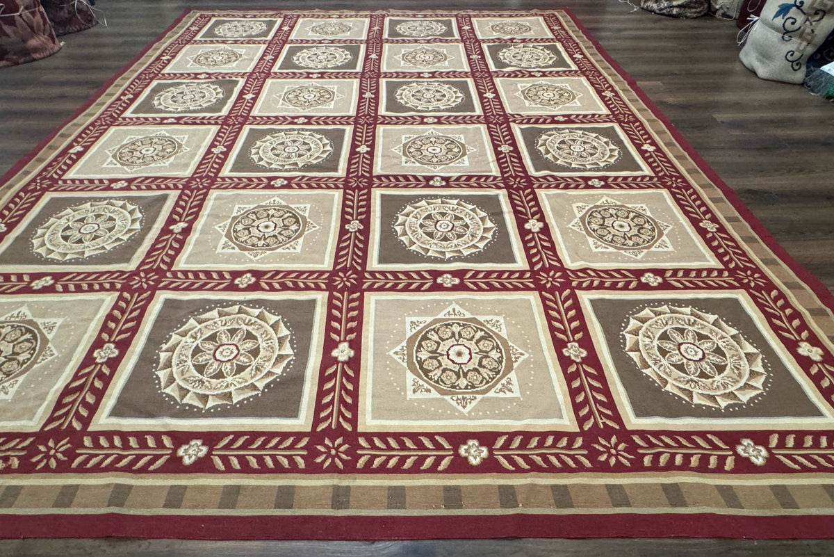 Needlepoint Rug 9x12, Panel Design, Burgundy Taupe, Elegant - Jewel Rugs, view 2