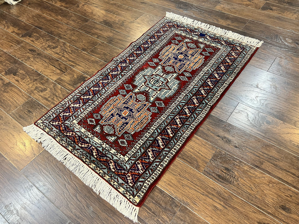 Pakistani Rug 3x5 ft, Caucasian Kazak Design, Geometric Rug, Small Vintage Oriental Carpet, Dark Red Vintage Handmade Wool Rug 3 x 5 - Jewel Rugs, view 3