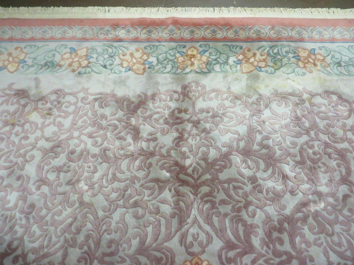 9' X 12' Vintage Handmade Chinese Carving Sculpture Wool Rug Flower Design Pink Carpet - Jewel Rugs, view 4