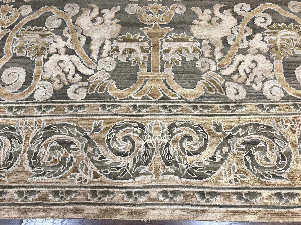 Spanish Rug 11x14, Wool Hand Knotted Vintage Carpet, Olive Green and Beige, Floral Allover, European Design, 11 x 14 Rug - Jewel Rugs, view 6