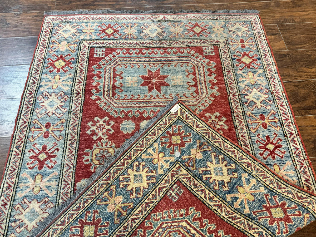 Turkish Kazak Rug 4x6, Handmade Vintage Wool Carpet, Geometric Design, Red and Light Blue - Jewel Rugs, view 11