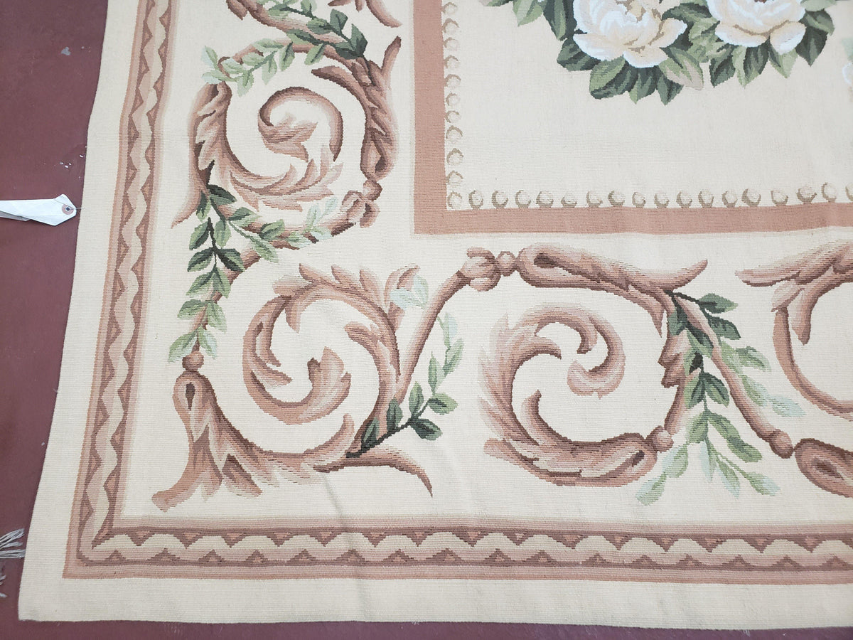 Elegant Aubusson Rug 10 x 14, Cream and Ivory Simple Aubusson Floral Carpet, Hand-Woven, European, New Aubusson Rug, Wool Area Rug, Violins - Jewel Rugs, view 9
