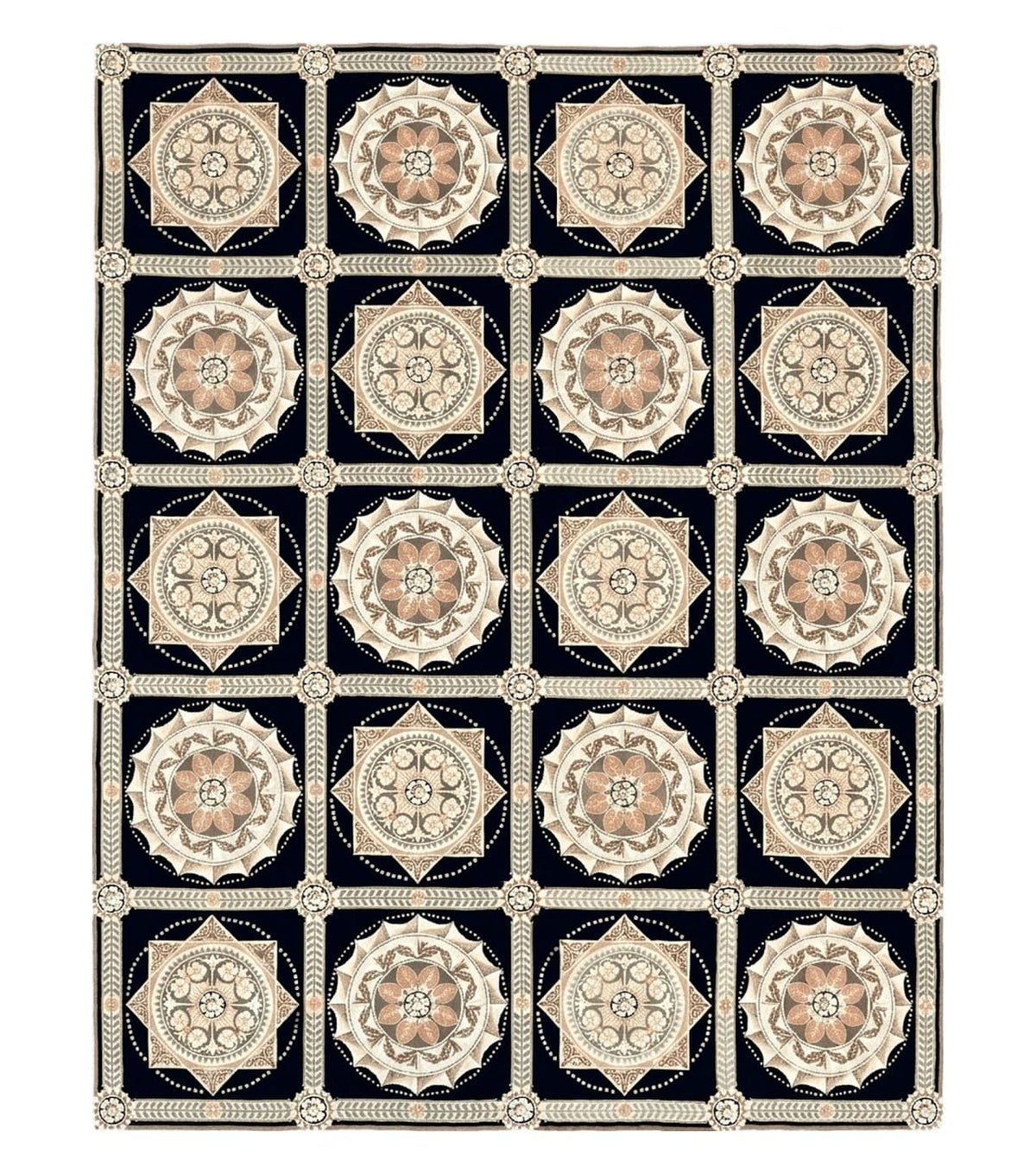 Needlepoint Rug 8x10, Black Tan Beige, Panel Design, Wool Handwoven Handmade Flatweave Needlepoint Carpet, Vintage French European Rug - Jewel Rugs