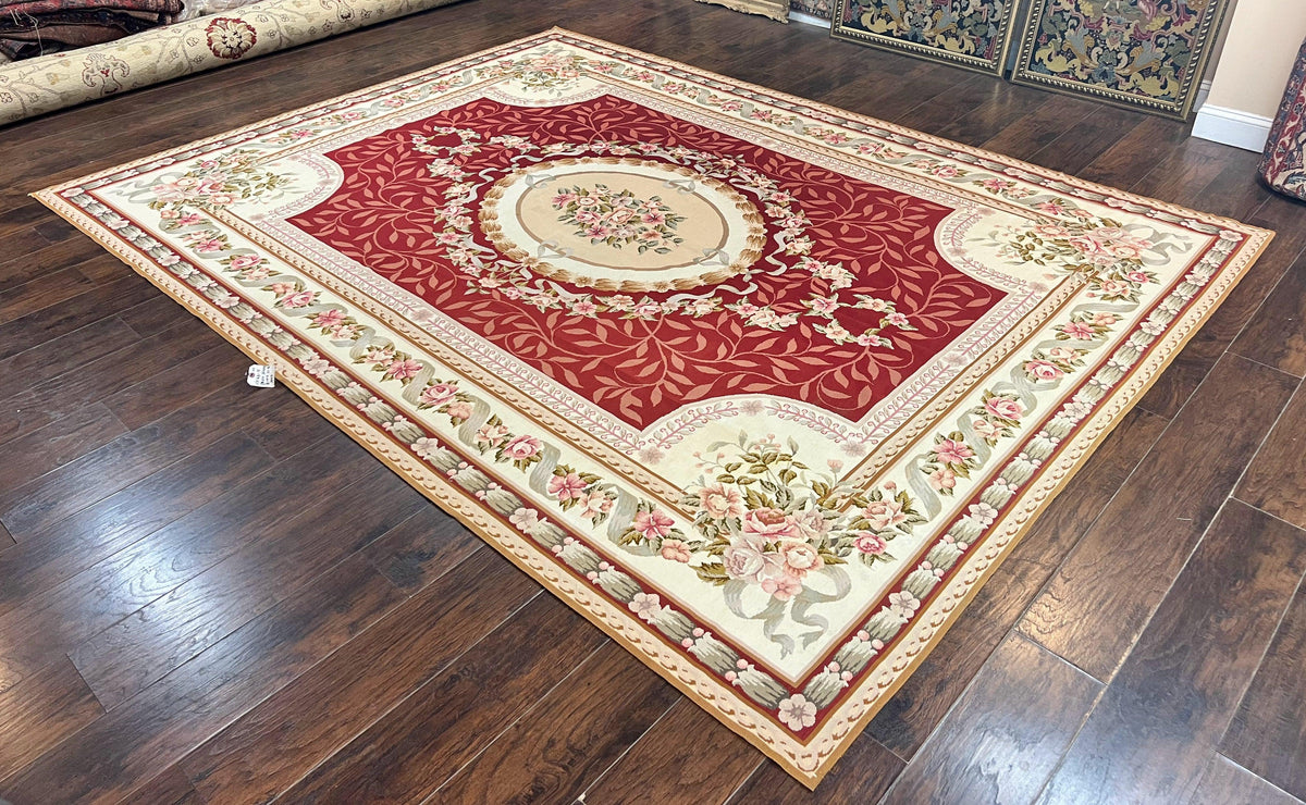 Wonderful Aubusson Rug 9x12, Handmade Vintage Needlepoint Carpet, Red and Ivory, Elegant European Design, Wool - Jewel Rugs, view 3