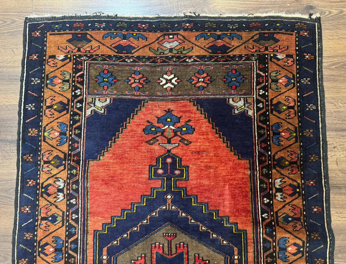 Persian Rug 3x6, Geometric Medallion, Village Tribal Rug, Terracotta and Navy Blue, Antique Nahavand Hamadan Rug - Jewel Rugs, view 4