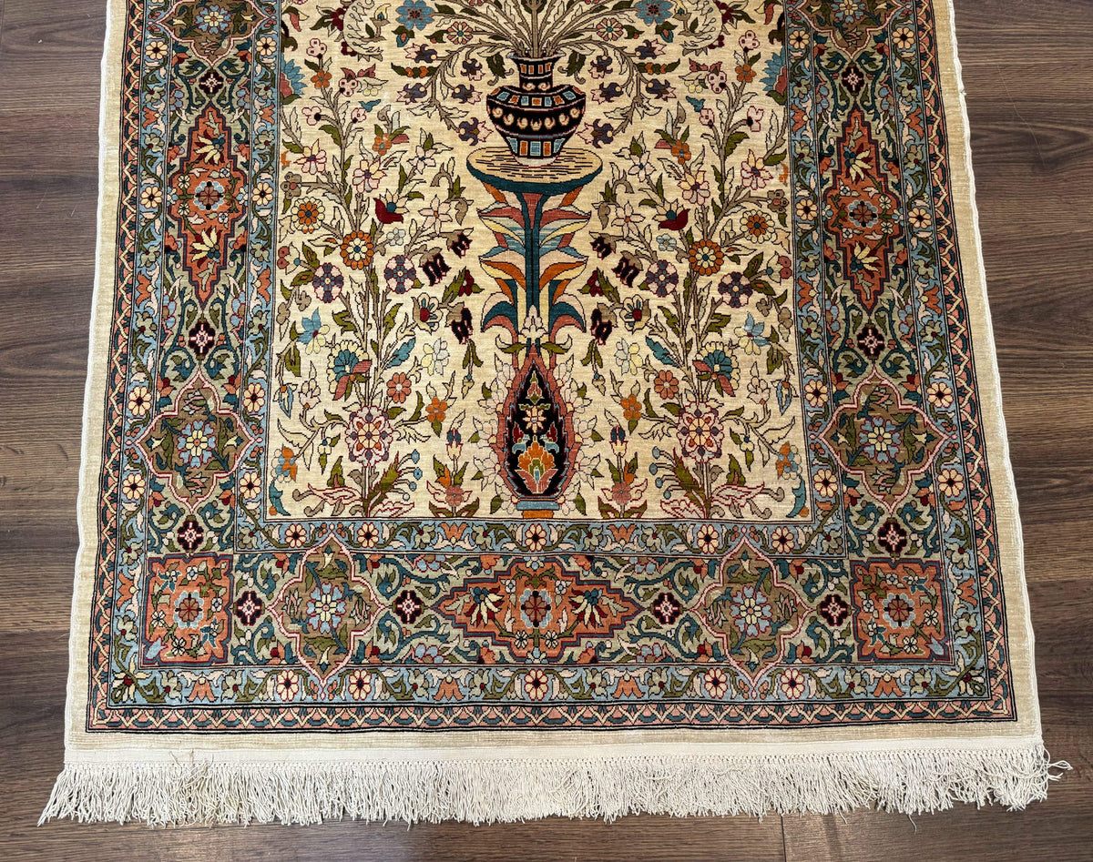 Rare Turkish Hereke Silk Rug 3x5, Tree of Life Persian Vase Design, Very Fine 440 KPSI, Signed - Jewel Rugs, view 9