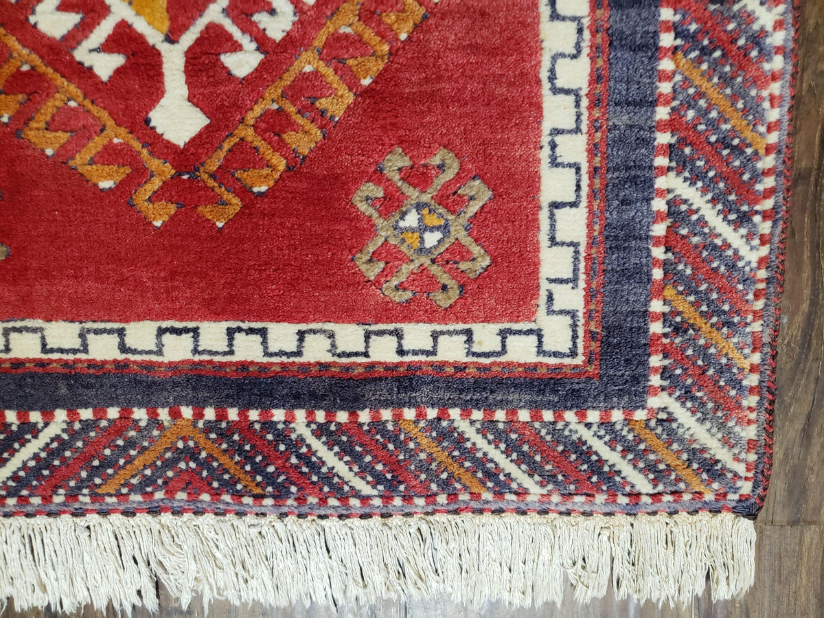 Vintage Turkish Kazak Rug 2.5 x 5 Red Wool Carpet Medallions Runner Geometric - Jewel Rugs, view 9