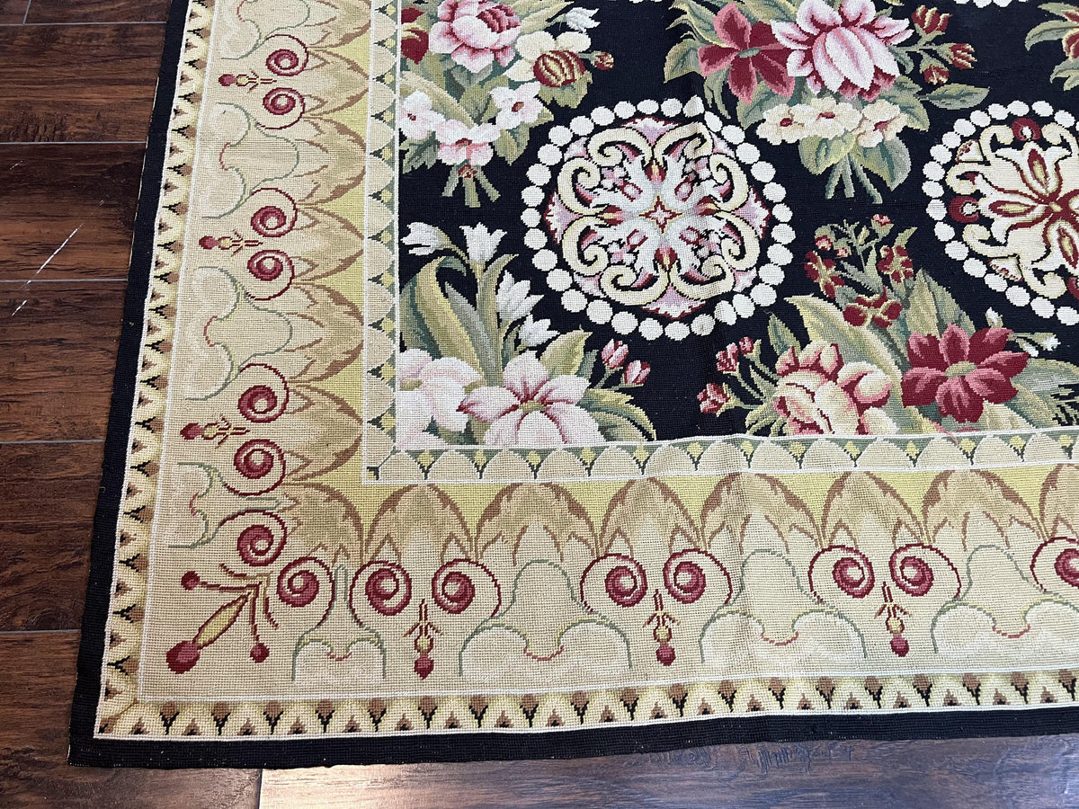 9x12 Black Needlepoint Rug, European Floral Panel Design, Handwoven, Vintage Chinese Needlepoint, Black Green Beige, Wool Rug 9 x 12 - Jewel Rugs, view 9