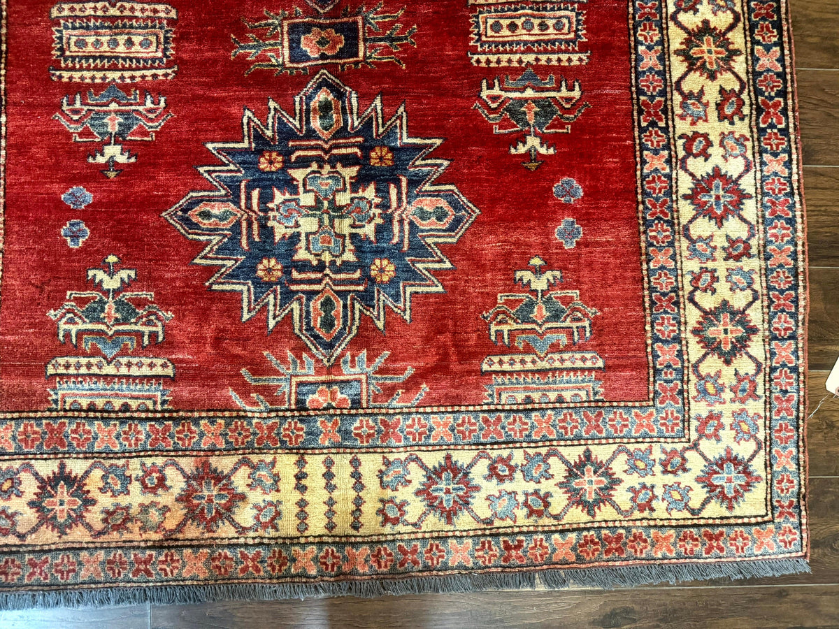 Square Turkish Rug 6x6, Azerbaijani Azeri Turkish Armenian Rug, Red Tan Blue, Geometric, Wool Carpet - Jewel Rugs, view 10