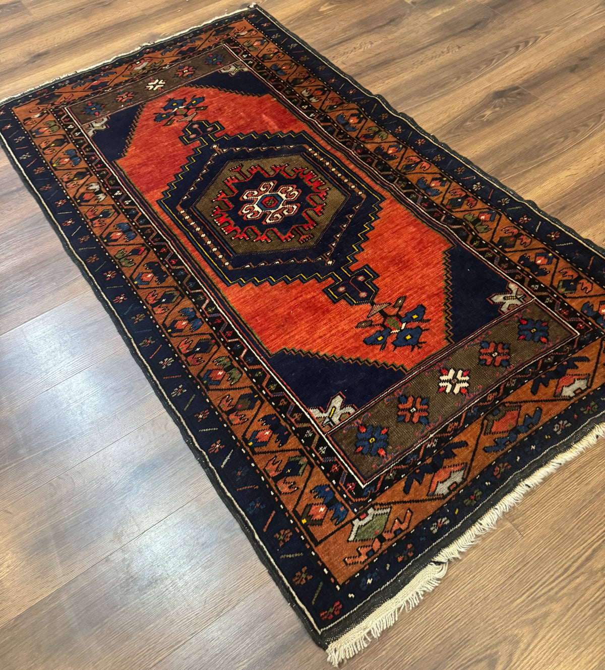 Persian Rug 3x6, Geometric Medallion, Village Tribal Rug, Terracotta and Navy Blue, Antique Nahavand Hamadan Rug - Jewel Rugs, view 13