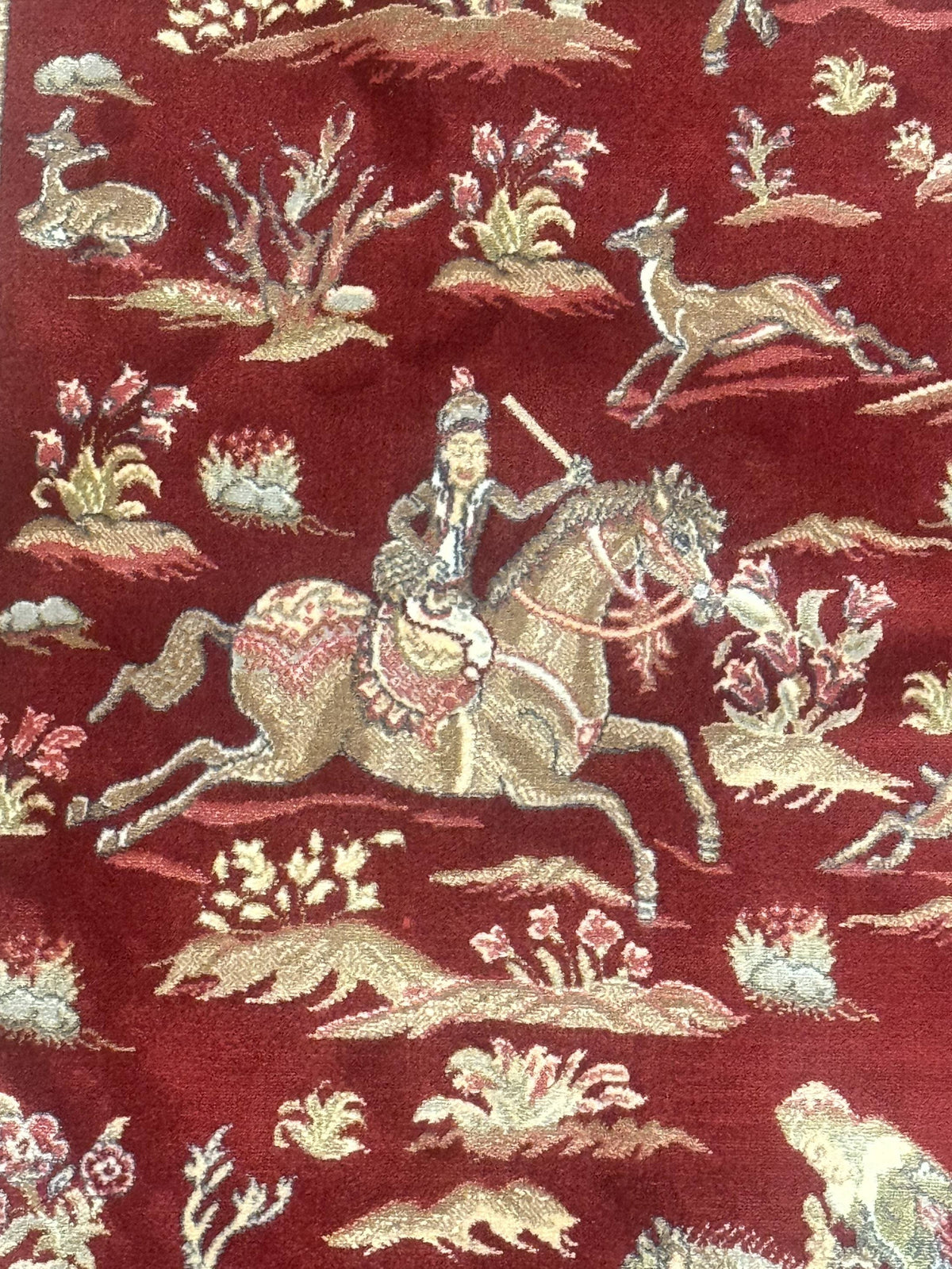 Turkish Silk Rug 2.6 x 6.7, Hunting Design, Short Runner Rug, Red & Ivory, Bamboo Silk, New - Jewel Rugs, view 5