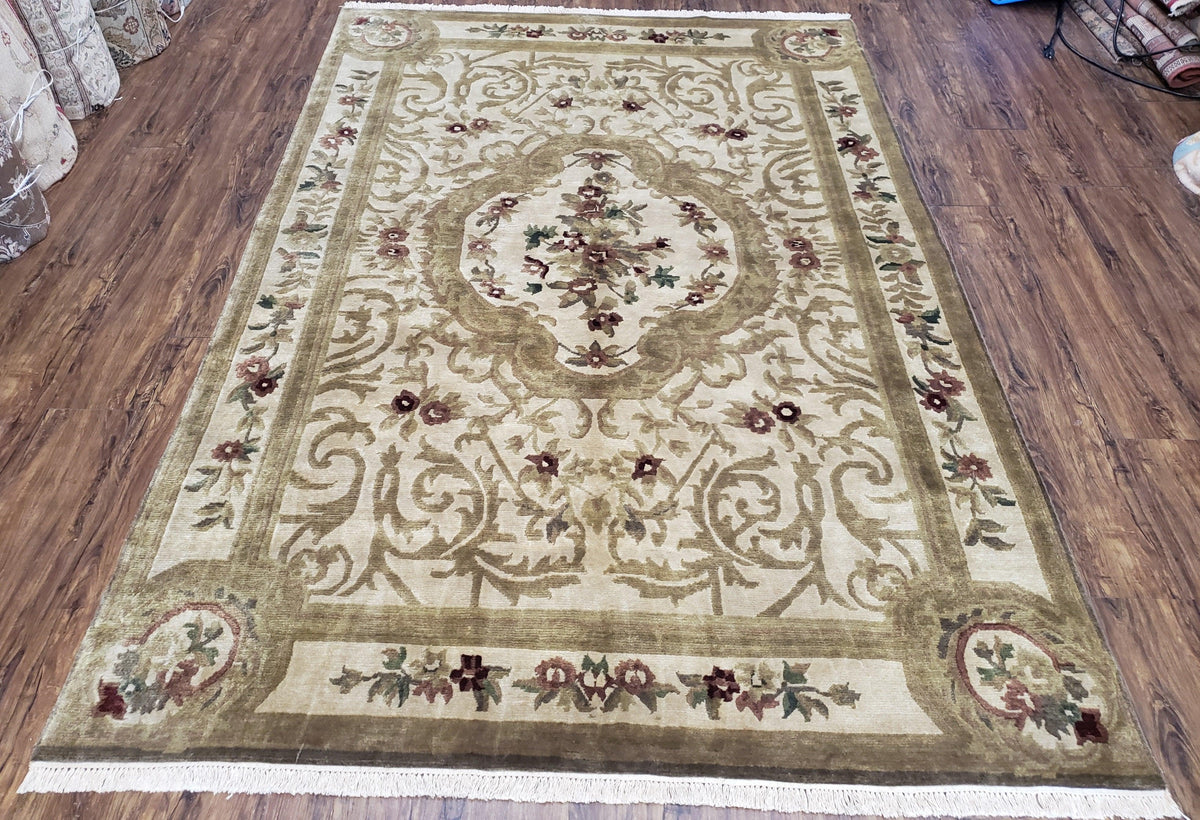 Vintage Nepali Tibetan Aubusson Rug 6x9, Wool Hand-Knotted Cream Beige Carpet, Leaves & Floral Pattern 6 x 9 Soft Area Rug Home Office Rug - Jewel Rugs, view 2