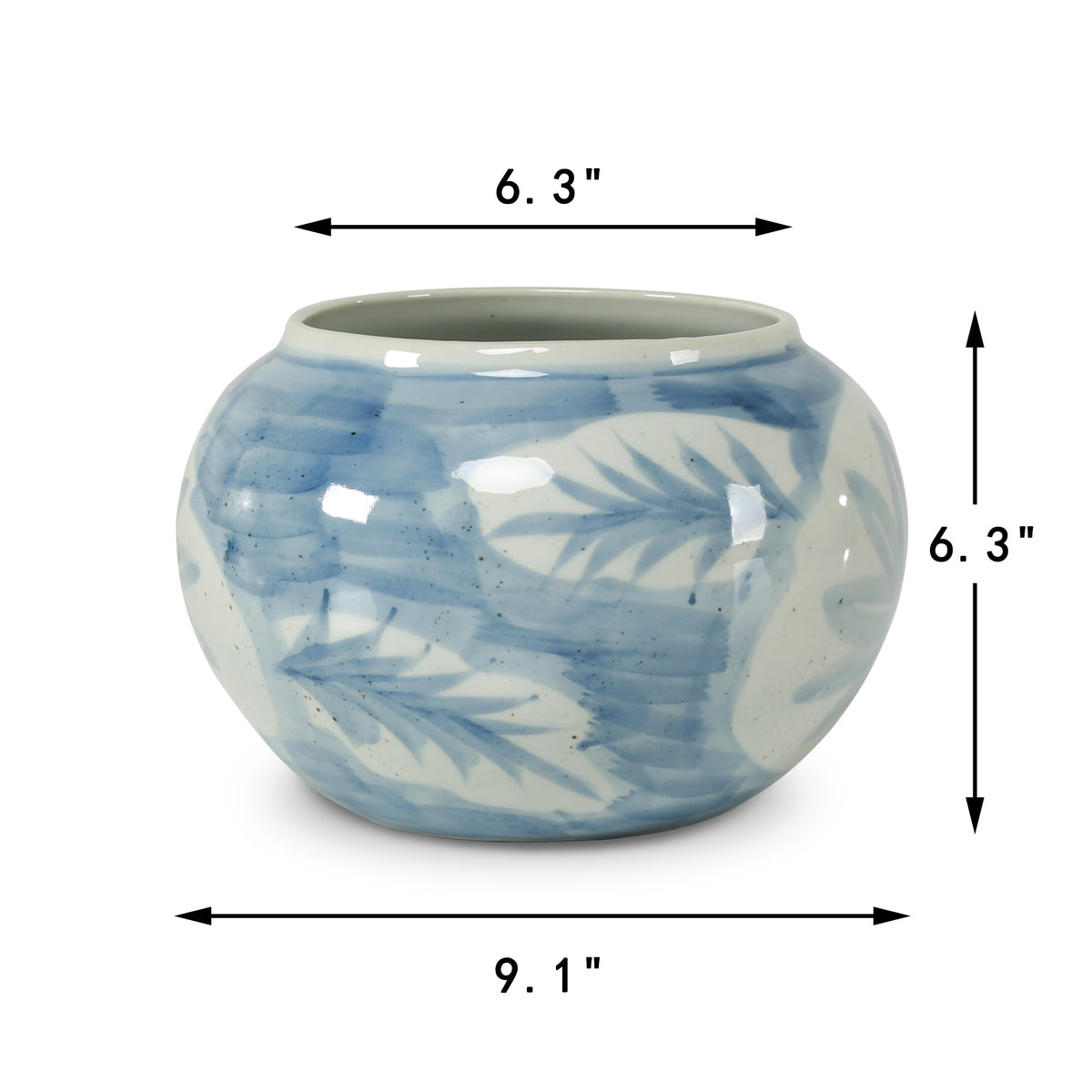 Approx. 9 Inches Wide Blue and White Pot with Floral and Leaf Motif
