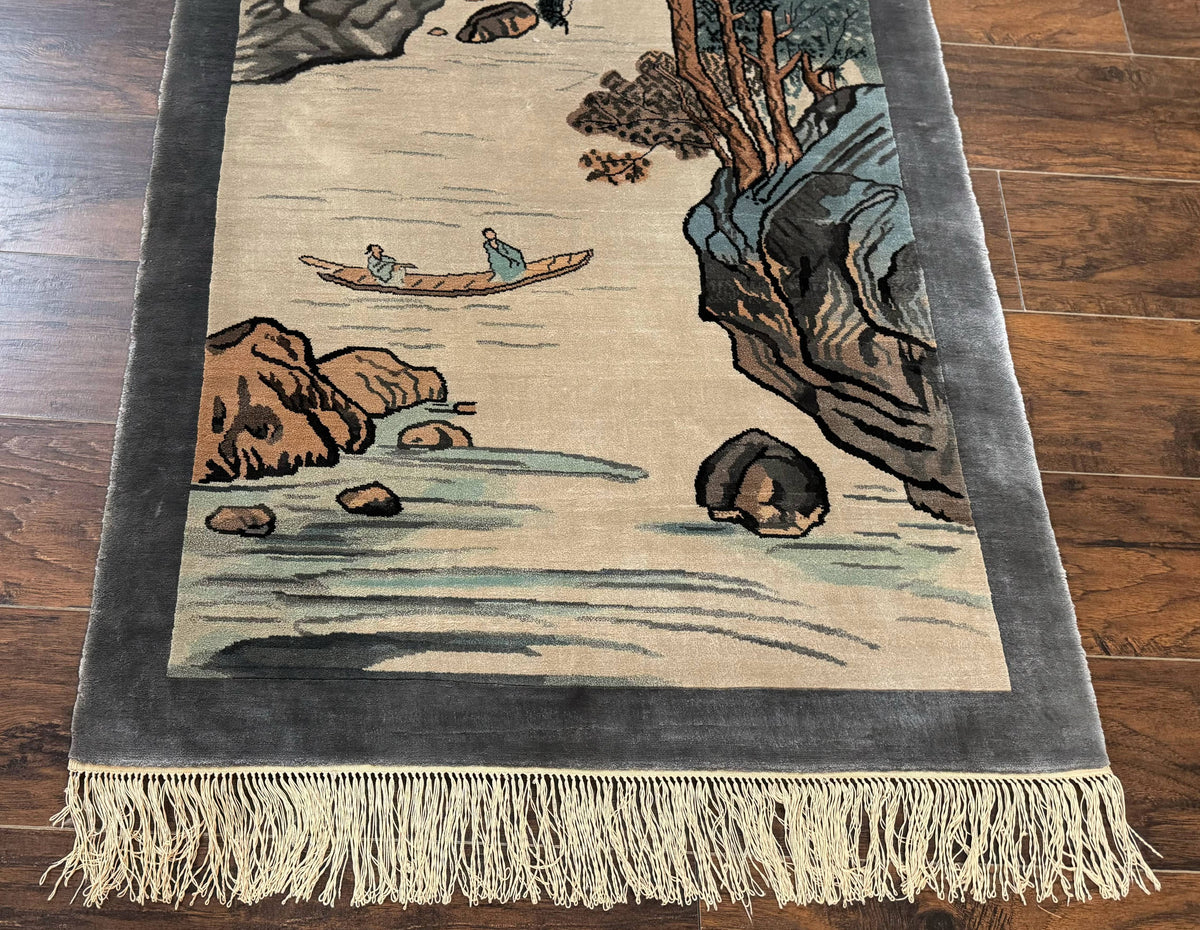 Chinese Silk Wall Hanging 3x5, Handmade, River and Boat Scene, Rug Tapestry - Jewel Rugs, view 6
