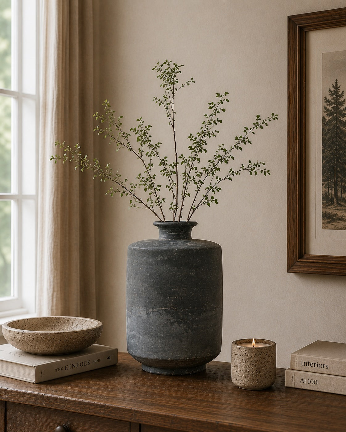 13" Earthy Gray Pottery Vase Cylinder-Shaped Small Opening
